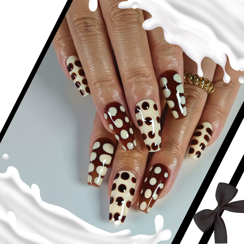 Cute Brown & White Polka DOT Long Press-on Nails - Fashionable Artificial Nail Art for Daily & Party Use