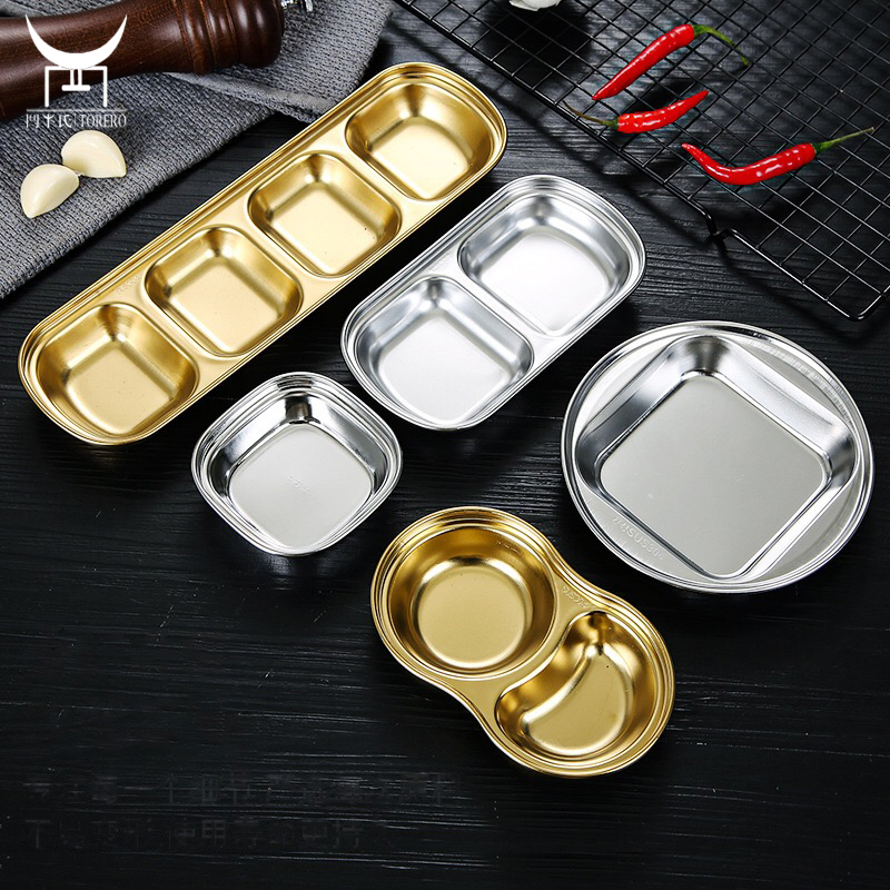 Home Kitchen Multipurpose Golden Flavor Plates Kimchi Dish Stainless Steel Barbecue Divided Dipping Dishes DIP Sauce Dish
