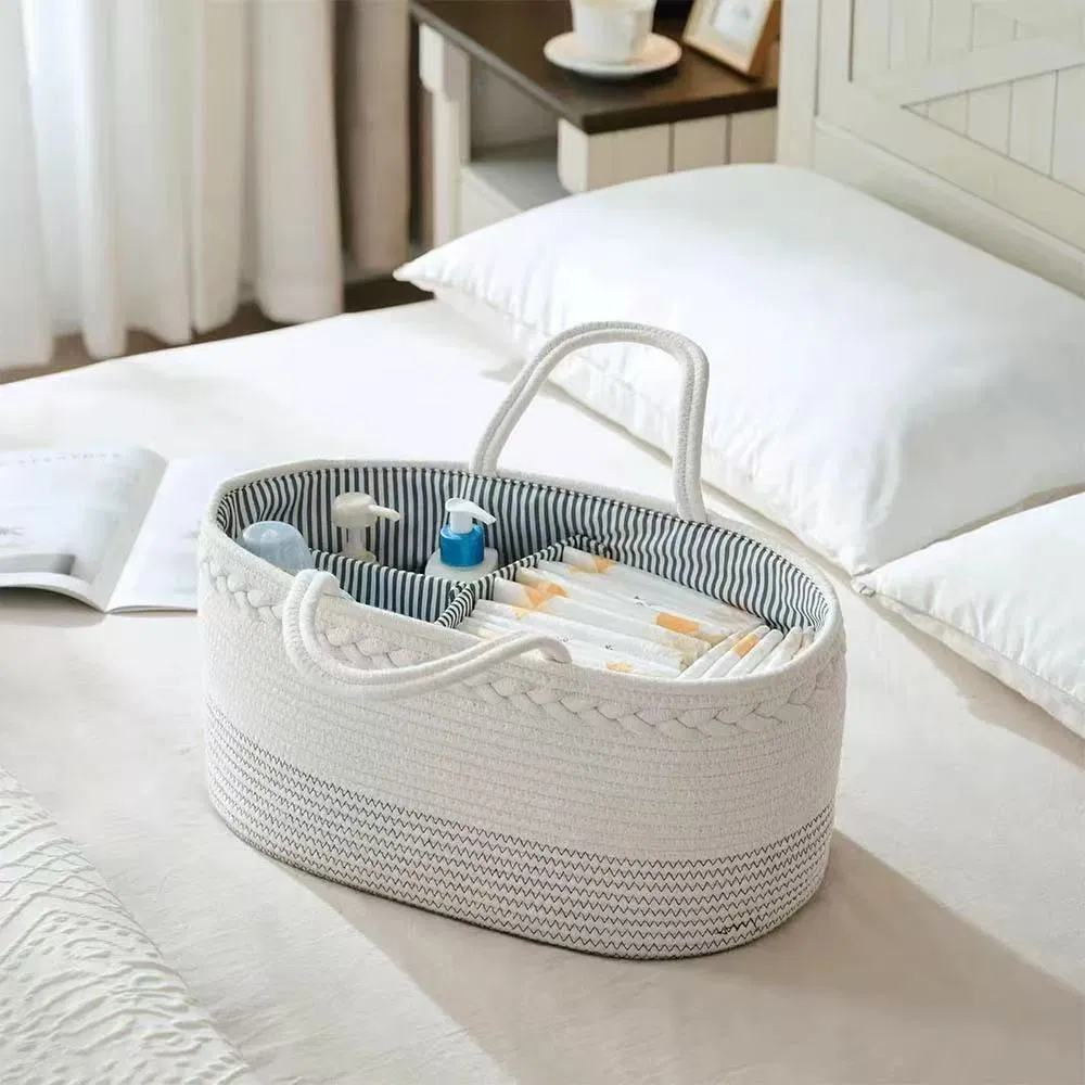Wholesale Baby Nappy Custom Bag Basket Cotton Rope Diaper Caddy Organizer Cotton Rope Basket with Handles