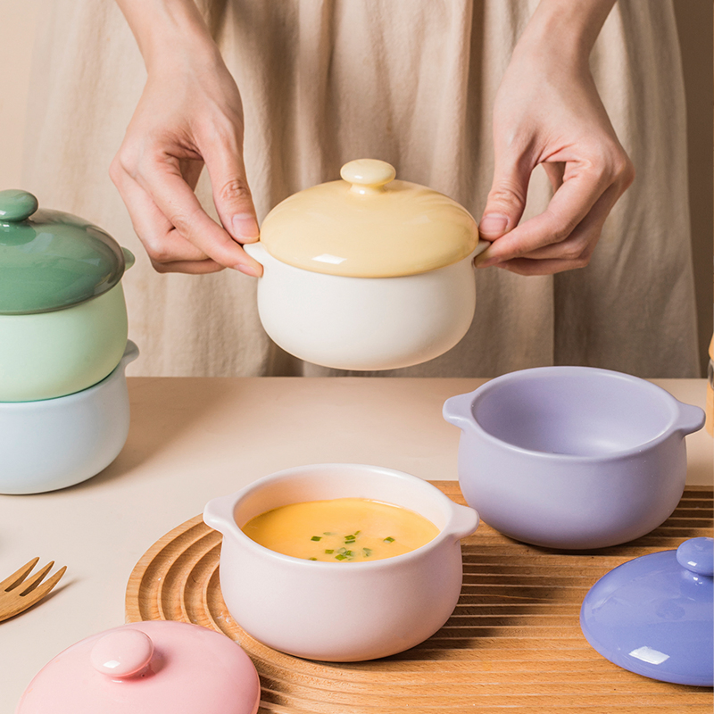 Creative Two Ear Soup Bowl Oven Ceramic Baking Bowl with Lid