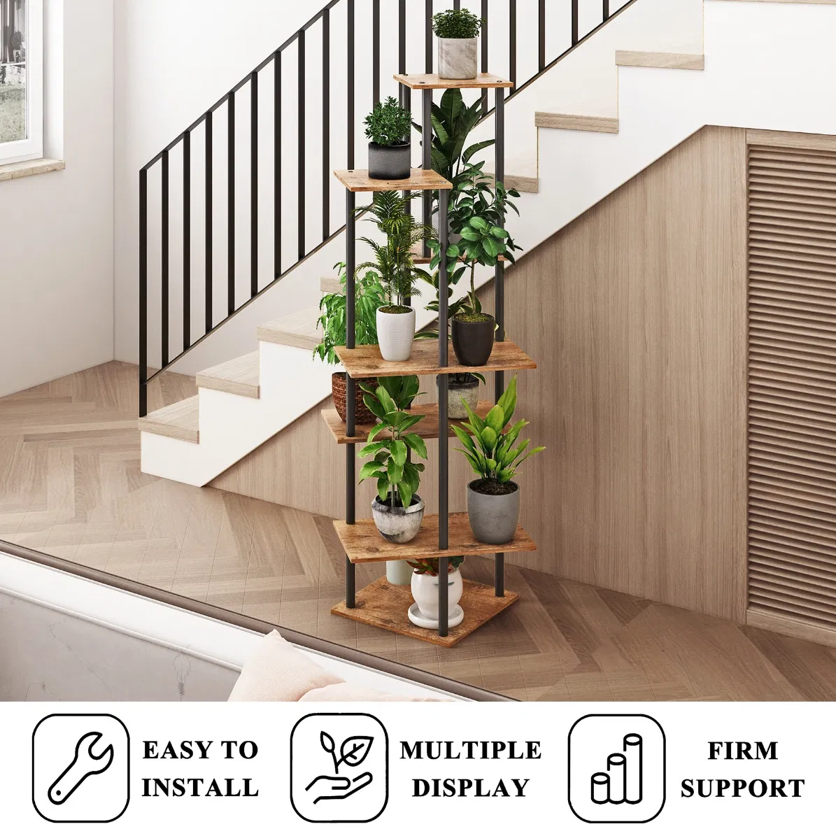 7-Tier Tall Indoor Corner Steel Wood Rustic Brown Flower Shelf Plant Stand