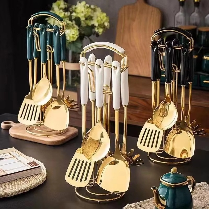 Factory Price Luxury Kitchen Accessories 7 PCS Stainless Steel Kitchen Tools Set Ceramic Handle with Utensil Rack