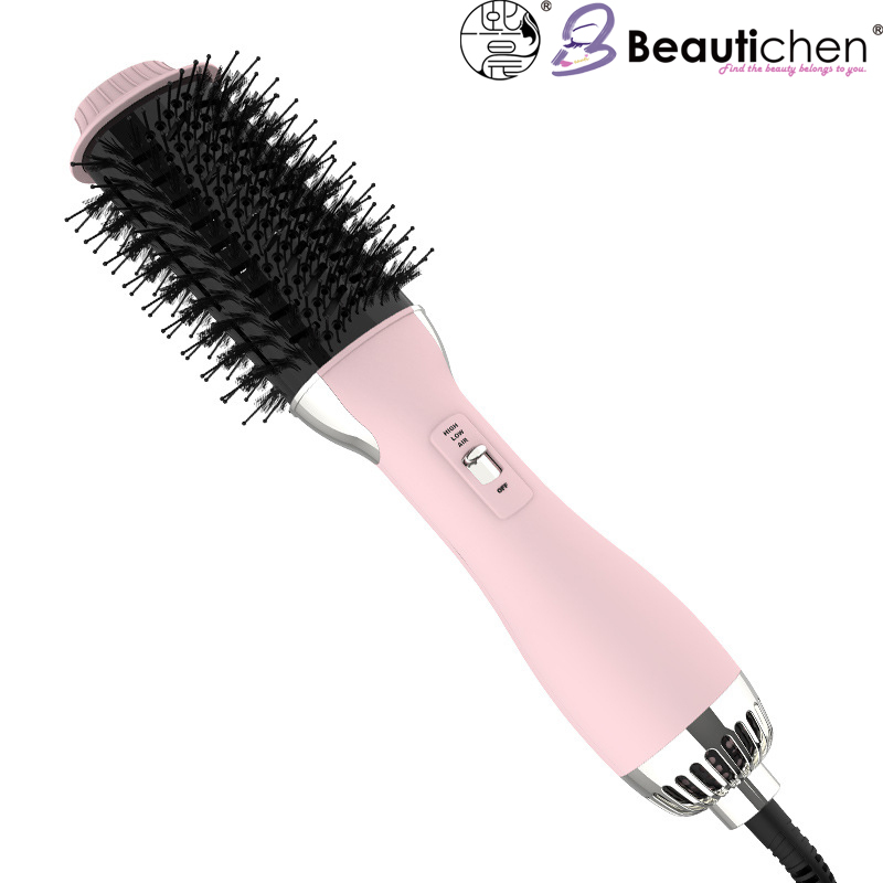 Beautichen Electric Hot Air Brush – Pink Handle with Silver Metallic Head, Adjustable Temperature for Quick Drying & Volumizing Hair Styling