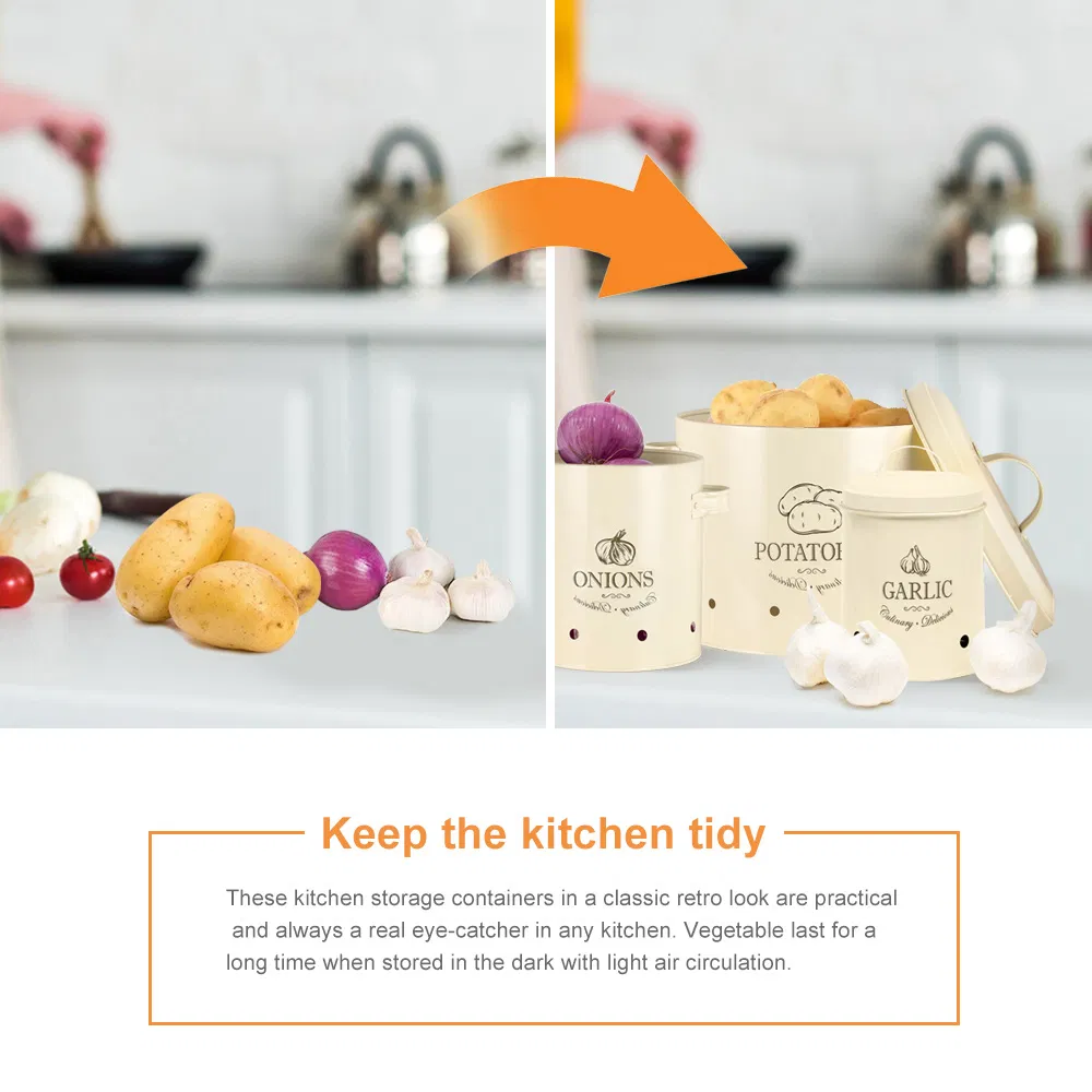 Set of 3 Antique White Vintage Metal Potato Onion Kitchen Storage Canisters