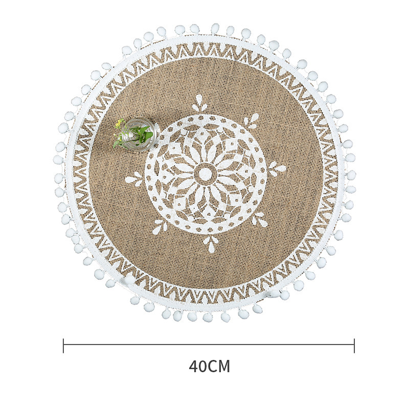 Eco-Friendly Natural-Colored Jute Placemat, Round Minimalist Fringe Screen Printing Style