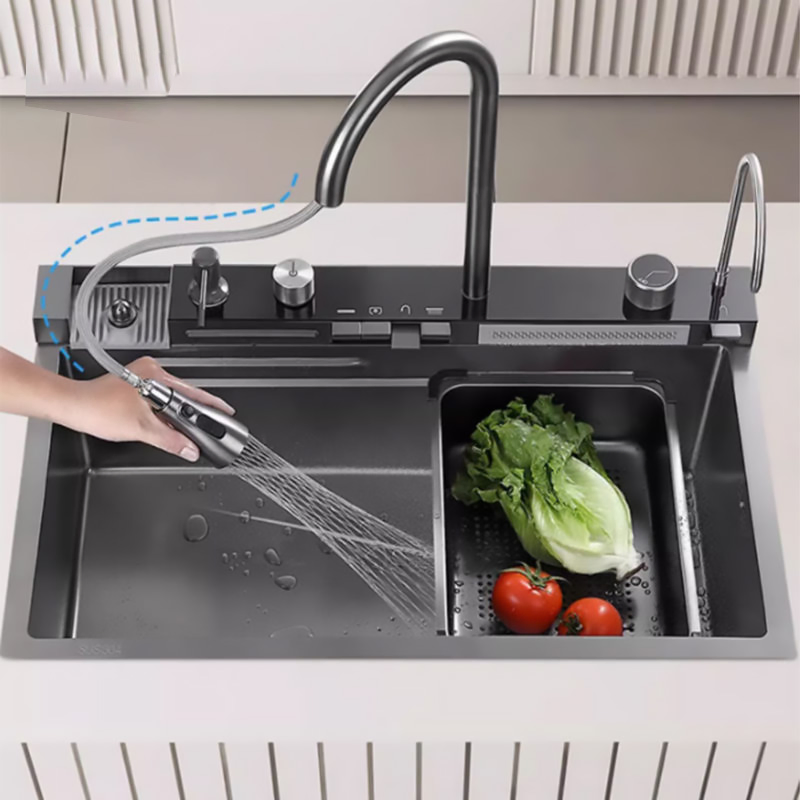 Handmade Multifunctional Stainless Steel Kitchen Sink with Smart Waterfall Design