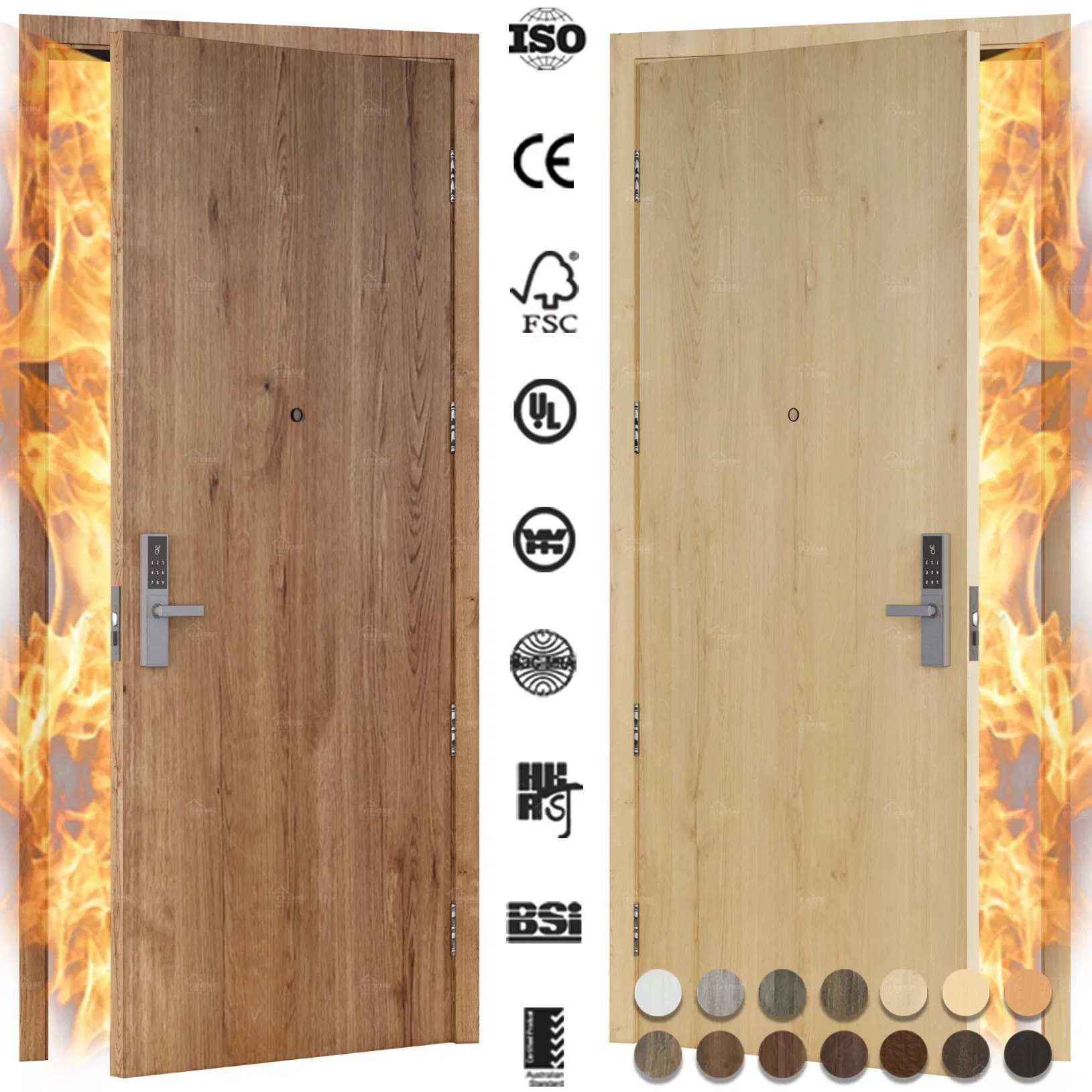 En16034 CE Certified 30 60 90 Minutes HPL Fire Resistance Wood Laminate Door Timber Composite Fire Door for Hotel Guest Room