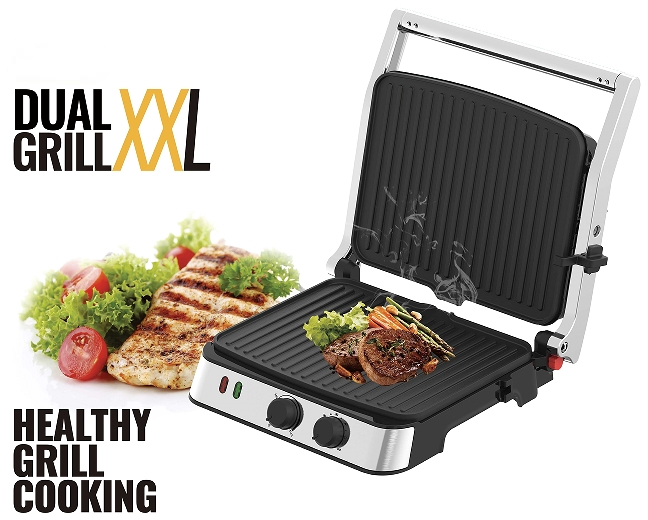 Stainless Steel Panini Grill Press, Aluminum Lifting Rod, Sandwich Maker Press, Contact Grill, Non-Stick Grill, 60-Minute Timer, 180 Degrees Opening