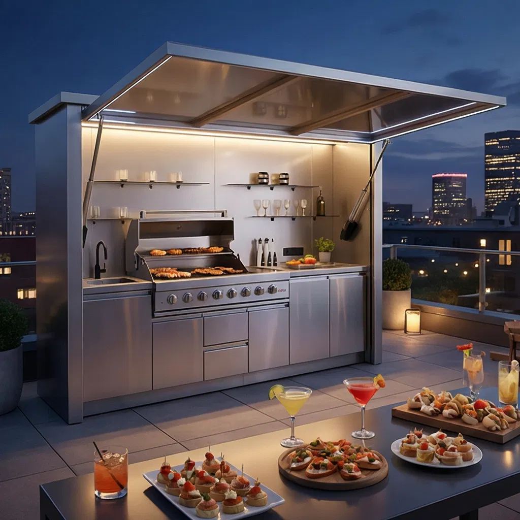 Gas Burner & Sink Integrated Outdoor Kitchen with APP Control & Storage Cabinets