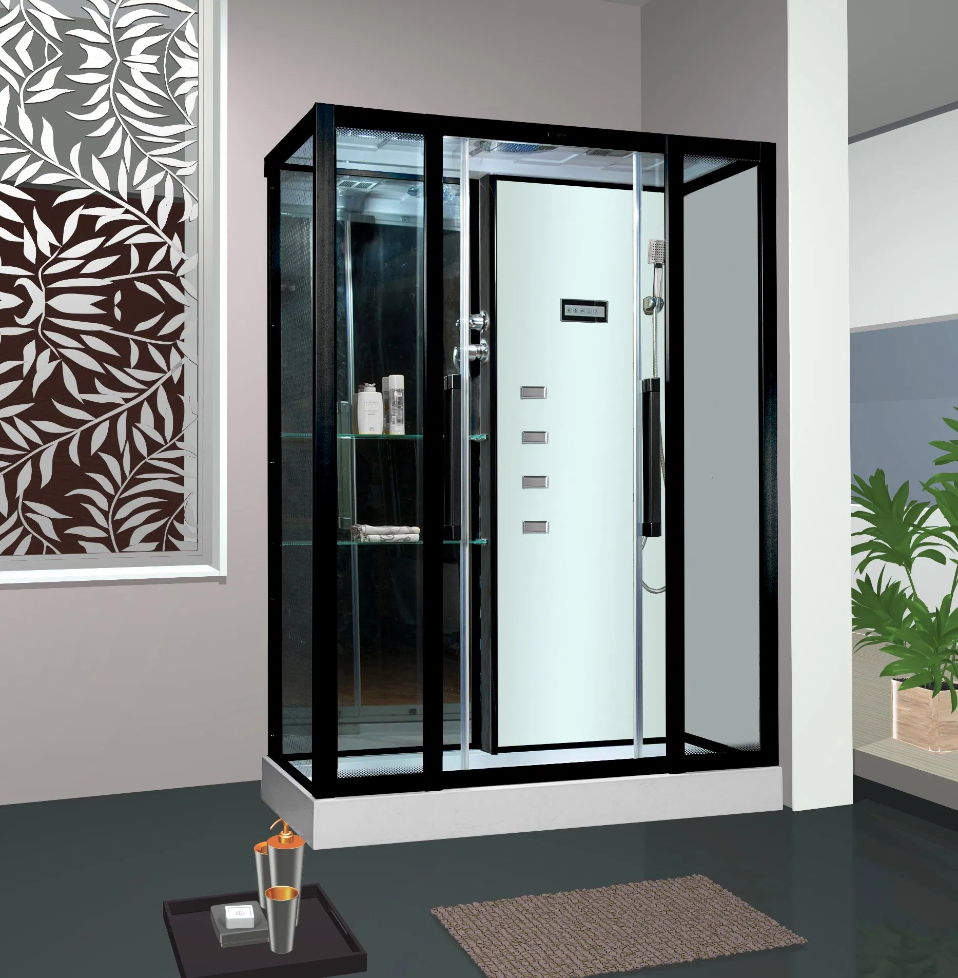 Black Double Sliding Glass Door Massage LED Top Shower Box