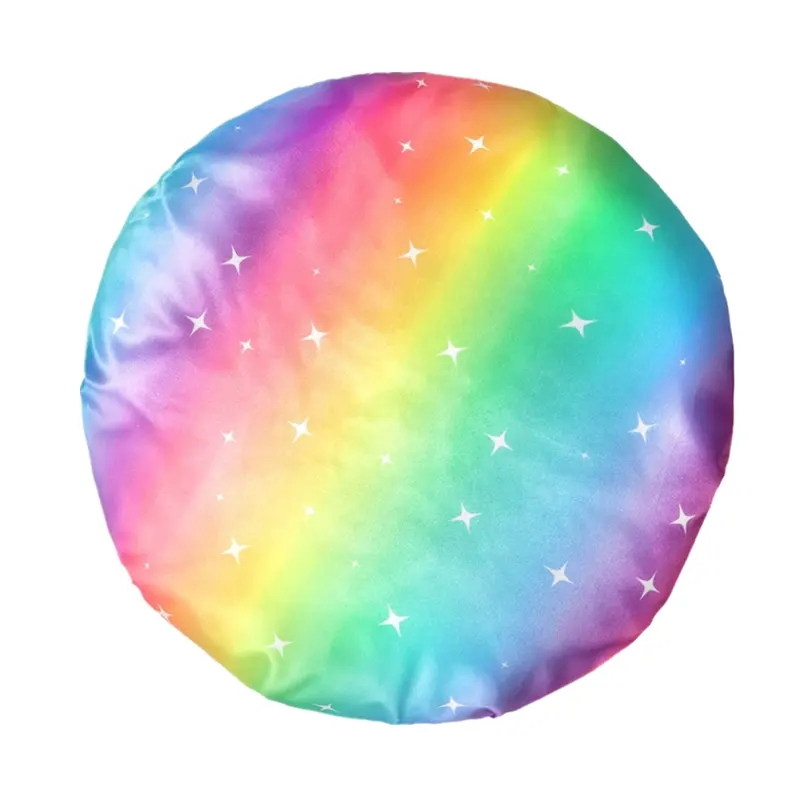 Custom Large Rainbow Double Waterproof Satin Lined Shower Cap