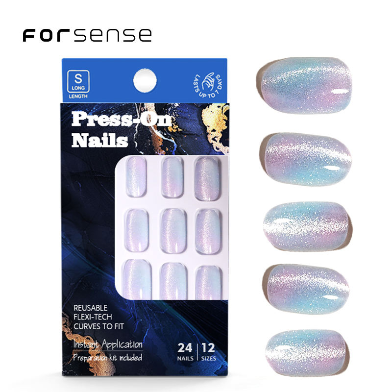 Wholesale Sky Blue Bling Cat Eye Oval Press-on Nails