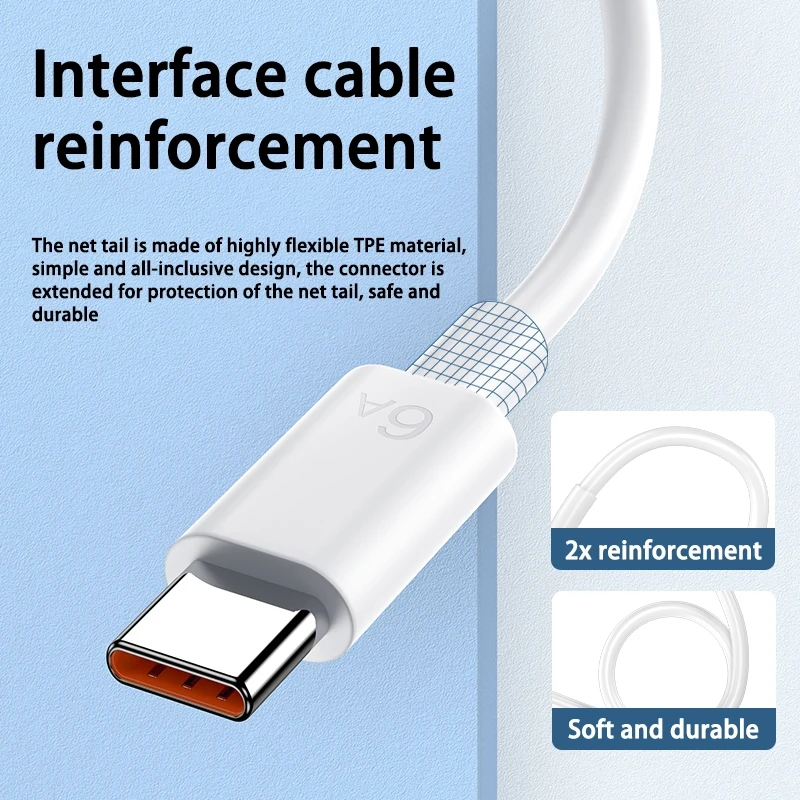 Кабель USB-A на USB-C 6A, 1 метр, быстрая зарядка