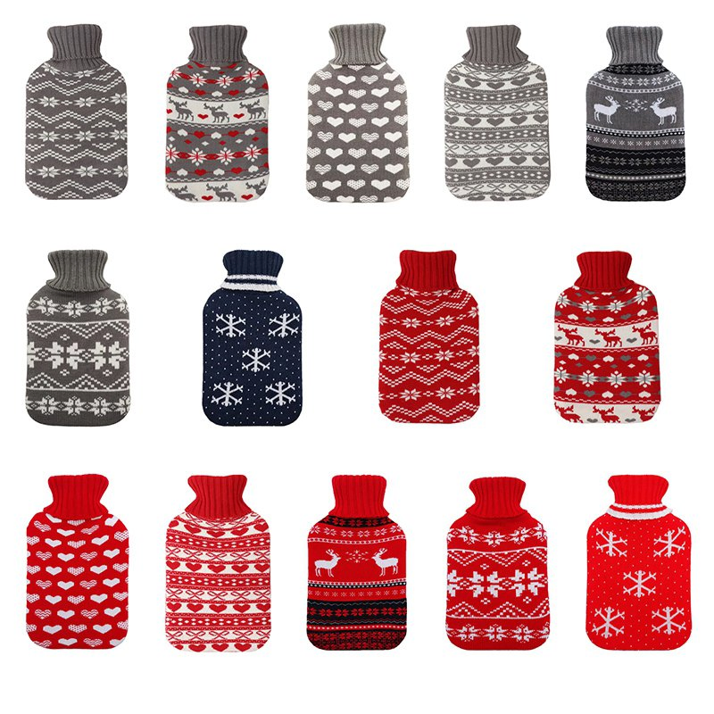 Wholesale Custom 100% Polyester Warm Red Christmas Elk Jacquard Knitted Embroidery Hot Water Bottle Cover
