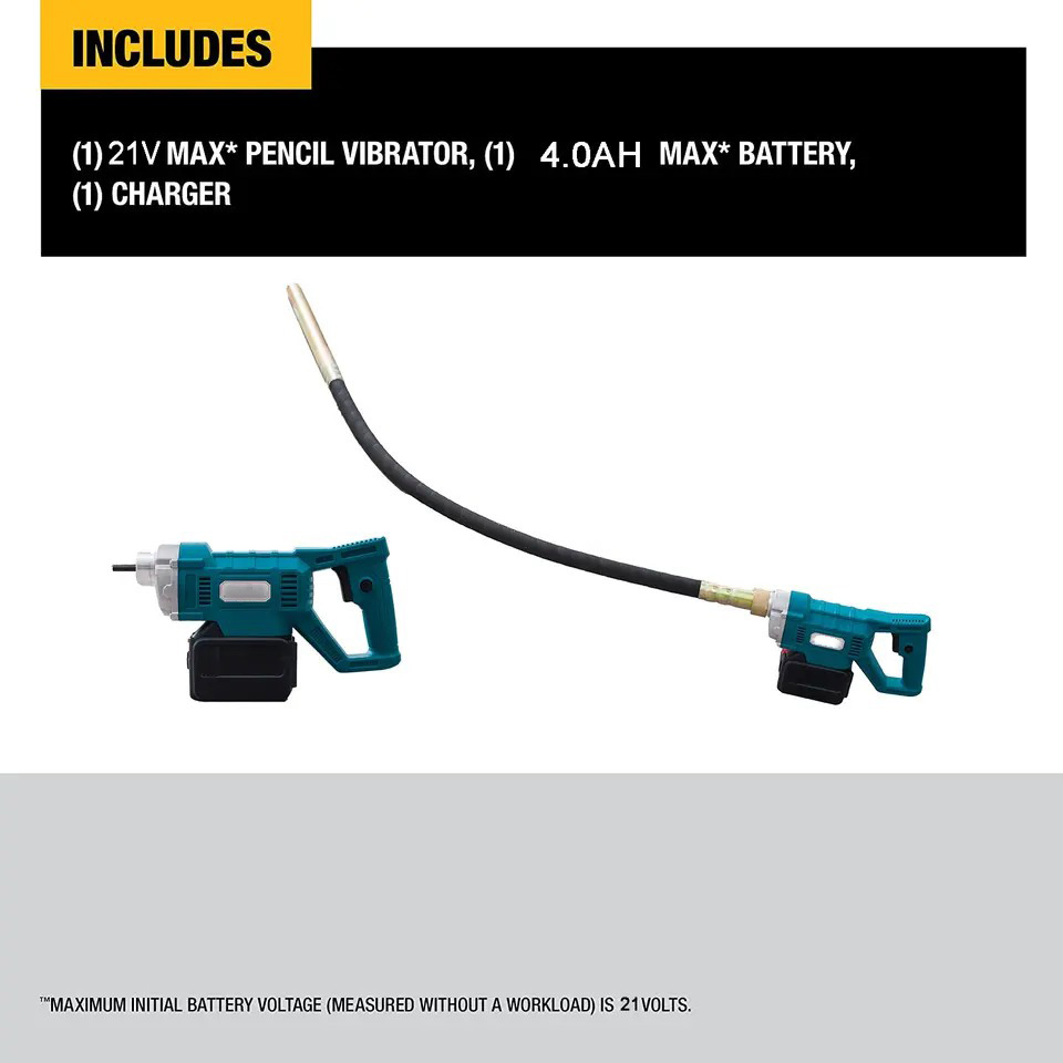 Portable Cordless Concrete Vibrator - 700W, 20V Battery, 4.0ah, 3800rpm