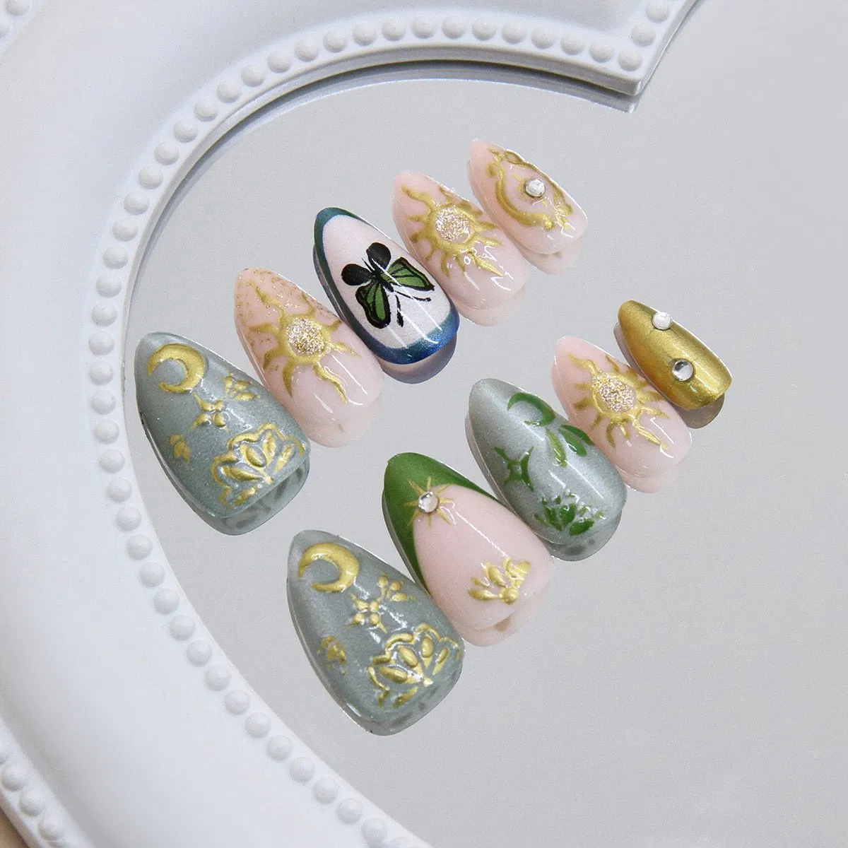 Handmade Celestial & Floral Almond Press on Nails with Gold Accents