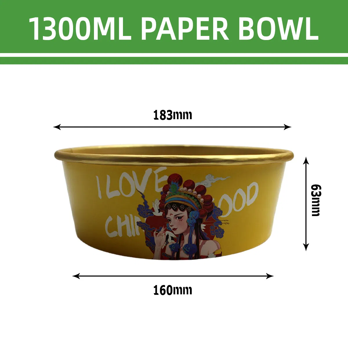 Plastic Free Disposable Food Container Paper Salad 1300 Ml Bowl with Gold Foil Coating