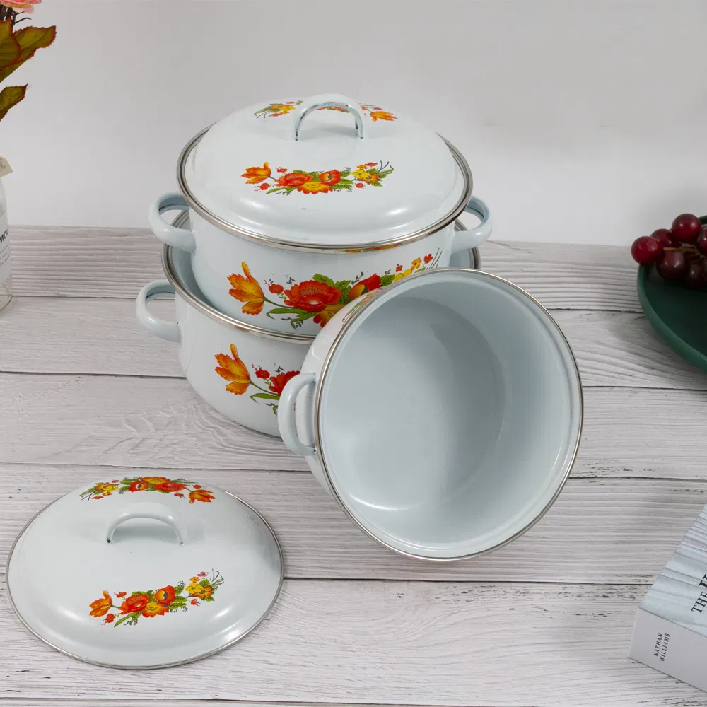 Wholesale Customized Home Kitchenware Enamel Pot Set of Three Pieces Cookware Set