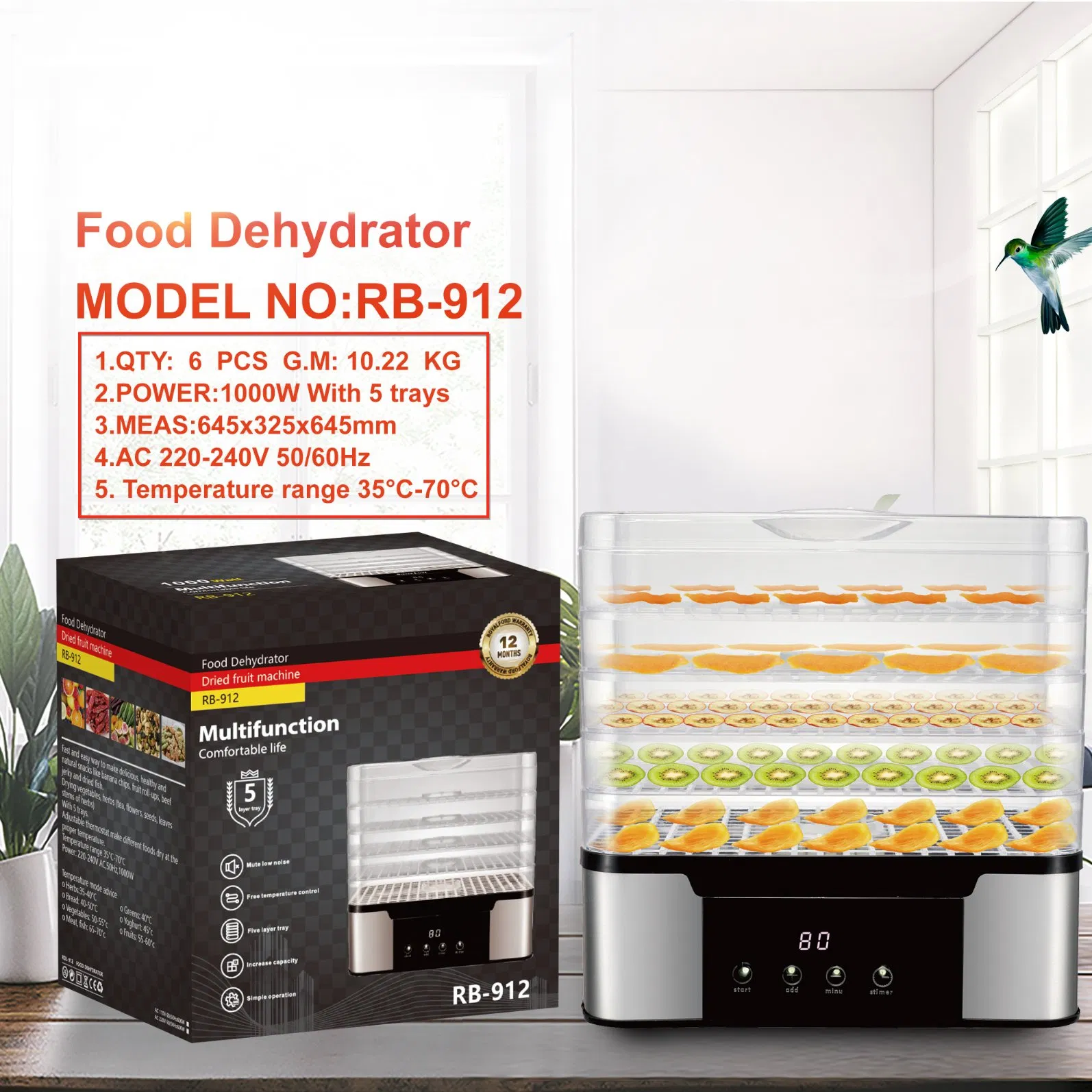 Electric Digital 5-Tray Food Dehydrator BPA-Free Plastic Color Box 1000 Home Household Dryer for Fruit Drying