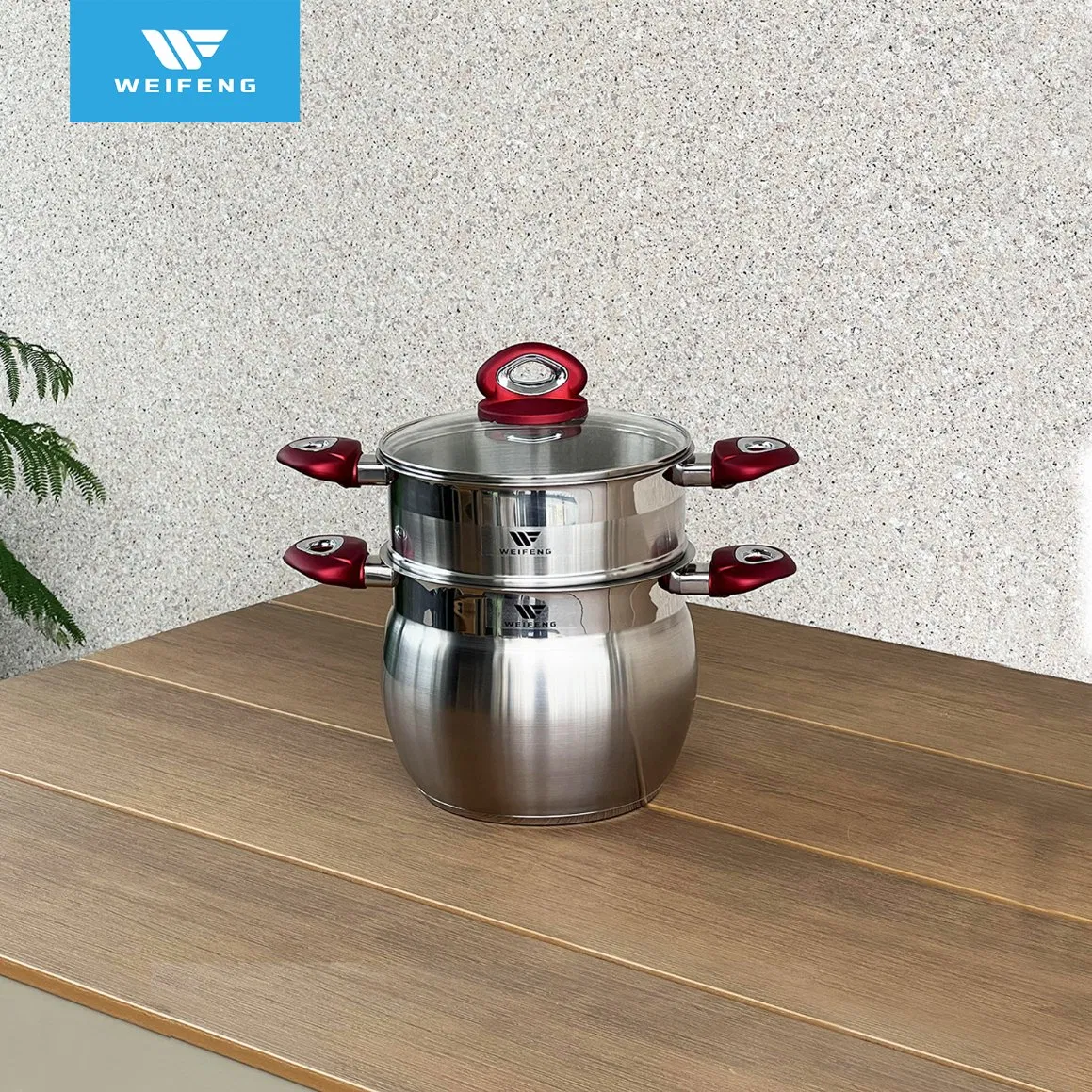 Big Belly Shape Couscous Pot Stainless Steel Cookware with Red Handle