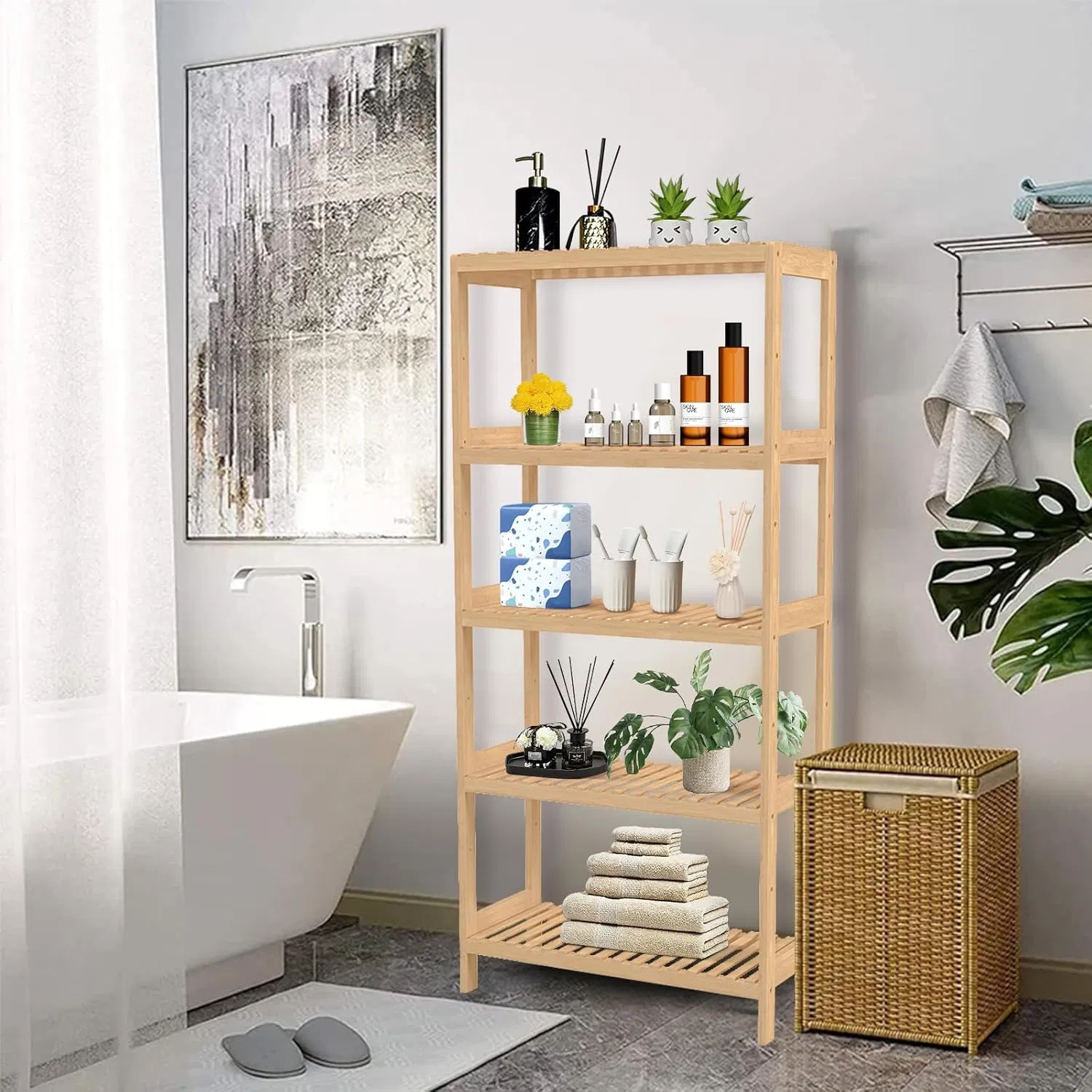 Bamboo Household Simple Five Story Floor Standing Bathroom, Living Room, Bedroom Bamboo Shelf, Storage Rack