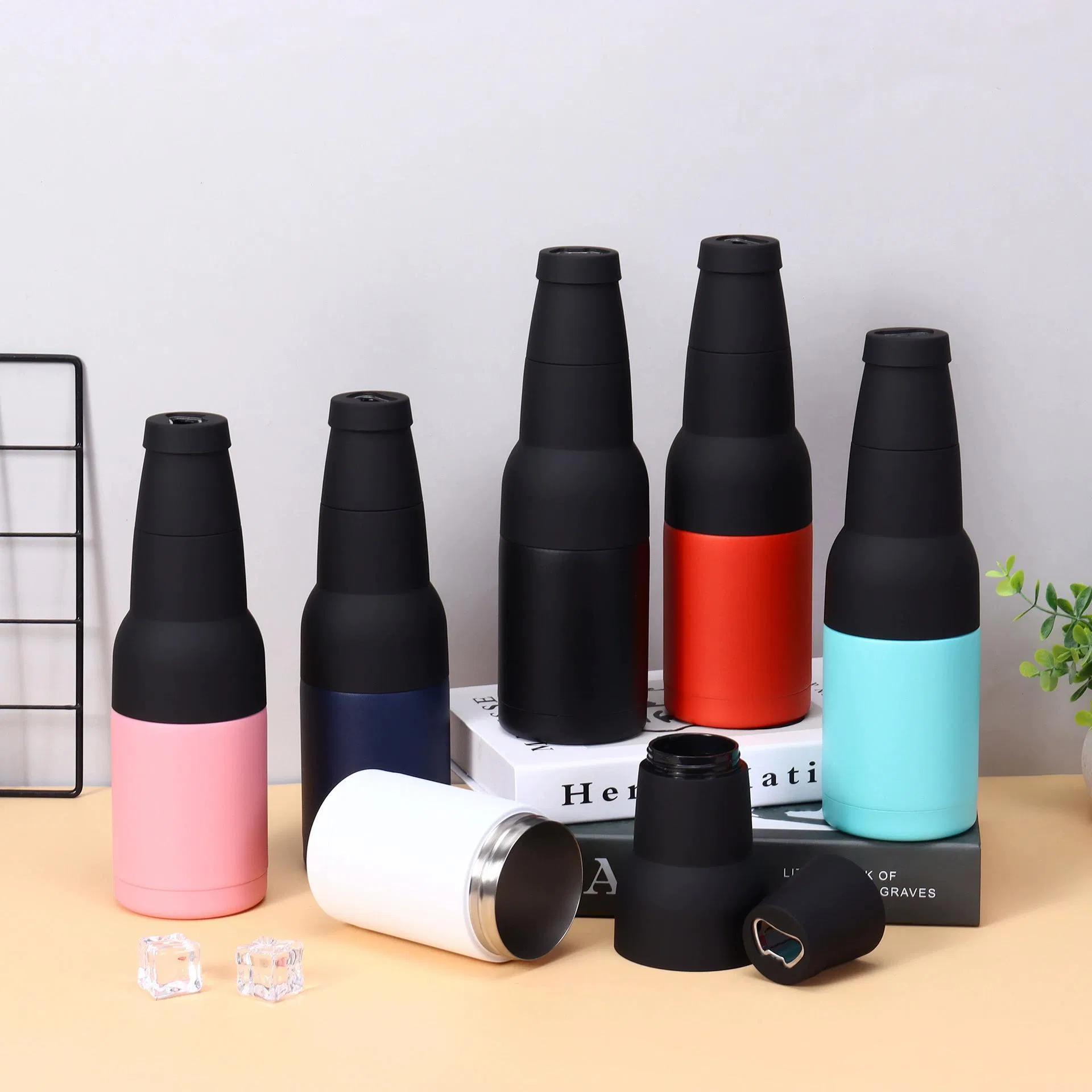 Multicolor Wholesale 12oz Bottle Shaped Powder Coated Bottle Cooler with Beer Bottle Opener for Hot and Cold Drinks