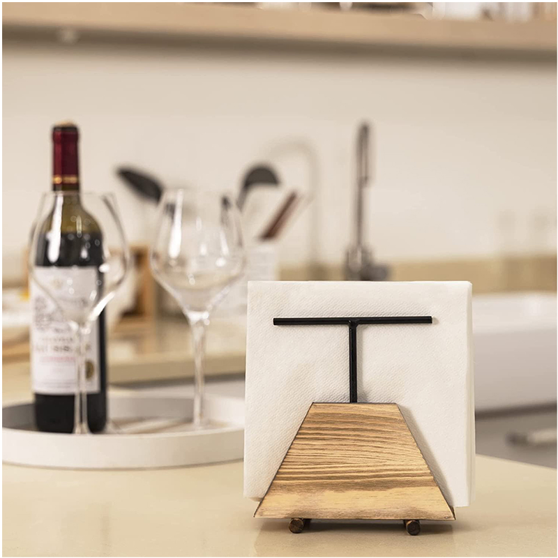 Natural and Durable Wooden Napkin Holder with Metal Rod Tissue Organizer Rack