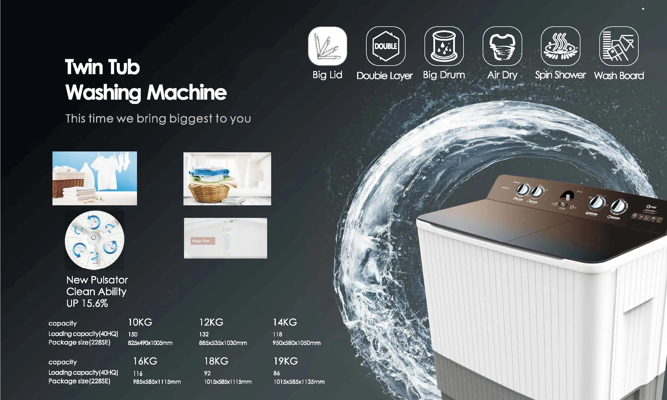 16kg Semi-Automatic Double Cabinet Washing Machine with Tempered Glass