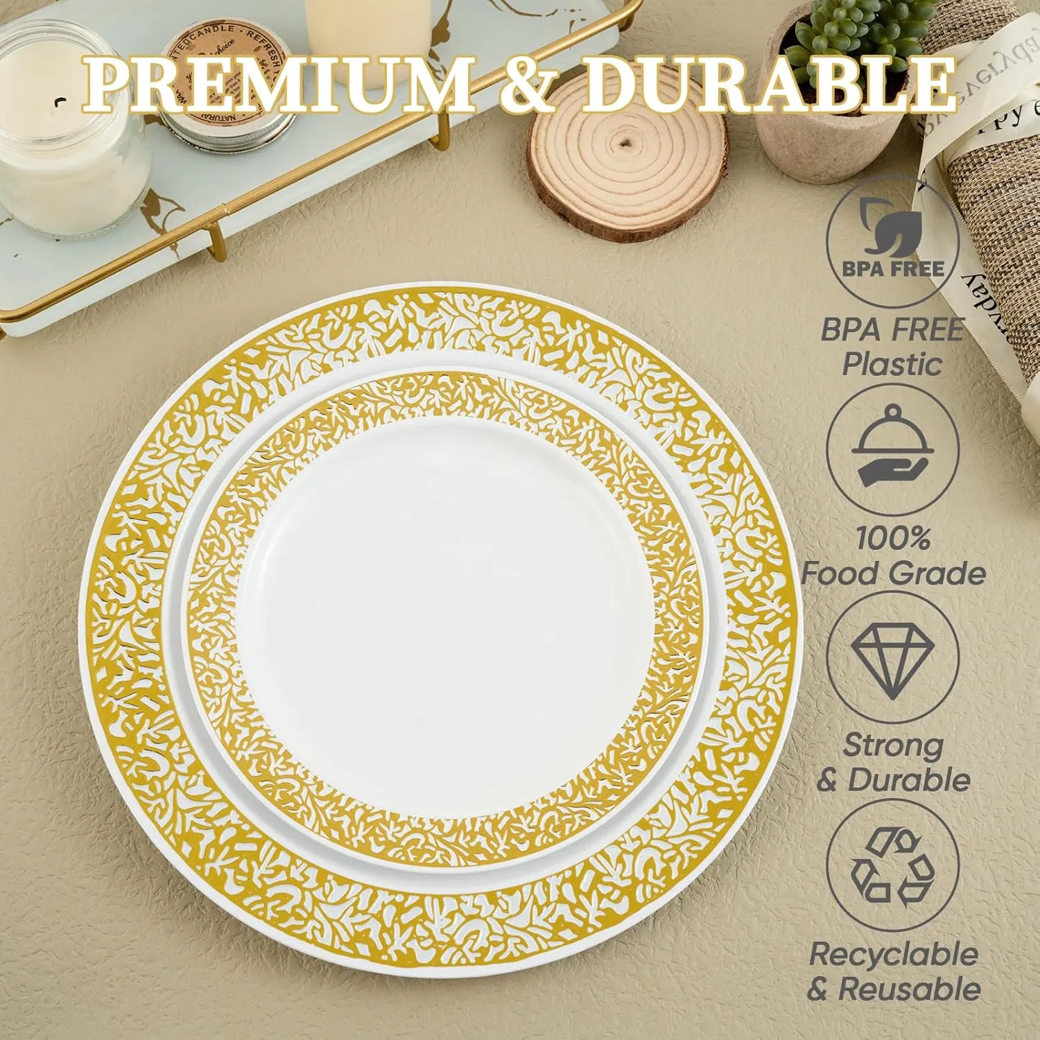 Elegant Gold Plastic Disposable Plates for Weddings & Parties