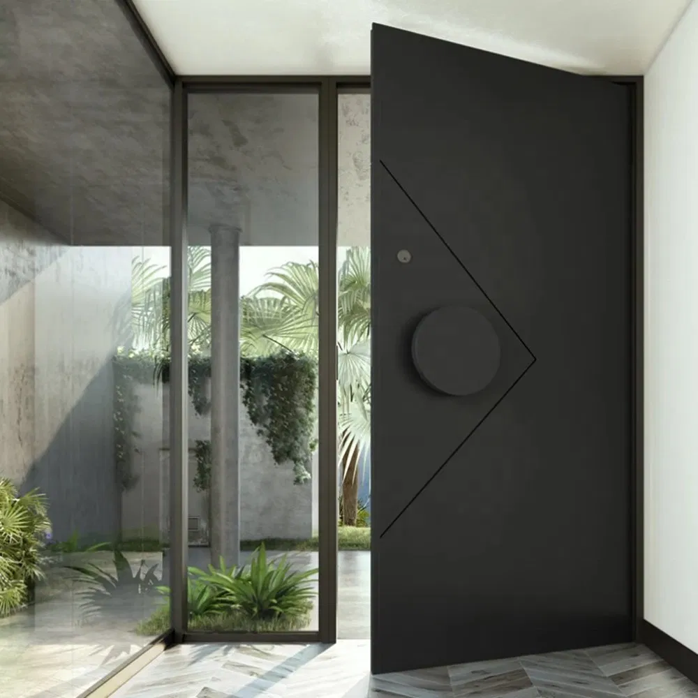 Popular Modern Style Entry Main Entrance Iron Tube Thermal Break Exterior Metal Steel Security Glass Pivot Door