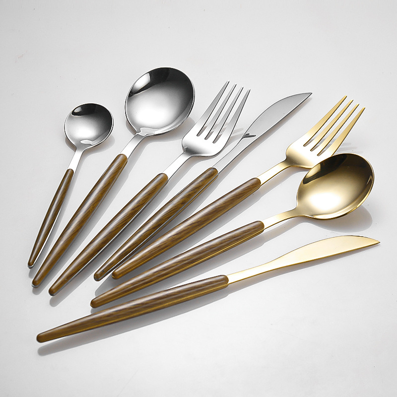 Trendy Western-Style Portuguese Imitation Wood-Handled Minimalist Stainless Steel Cutlery Set, Elegant and Durable