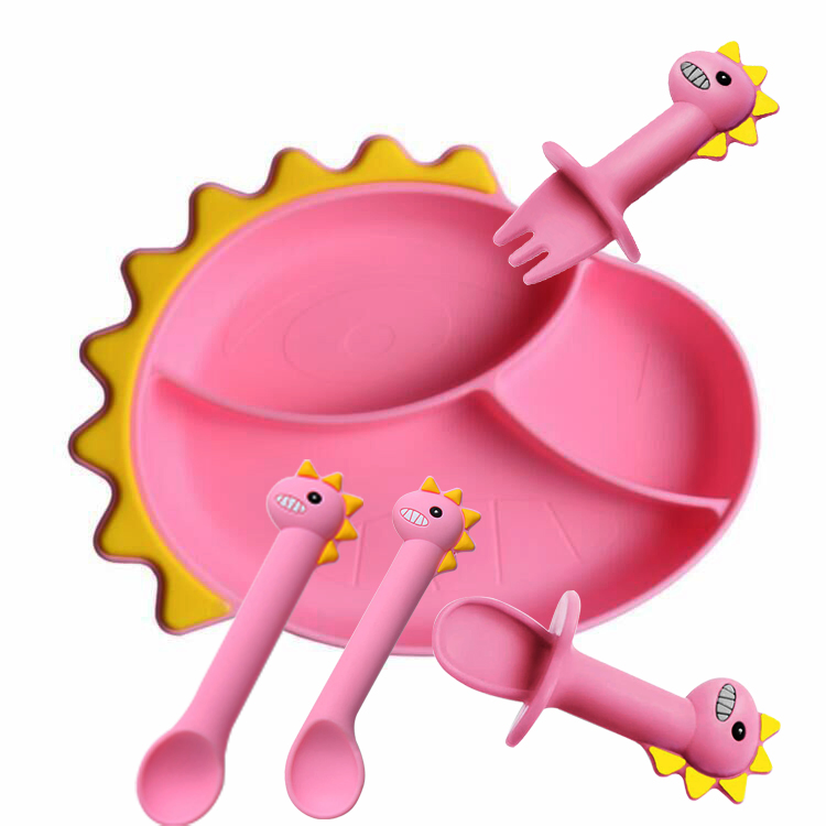 Cute Dinosaur Silicone Baby Feeding Plate and Utensils Set