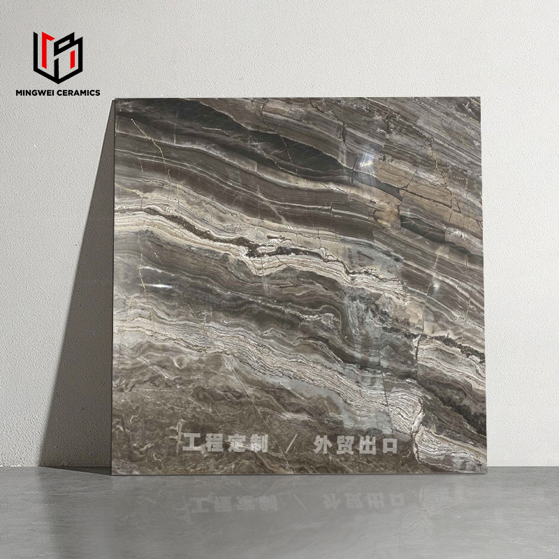Modern Design Glossy Rock Stone Dark Grey and Brown Marble Look Golden Line Porcelain Tile