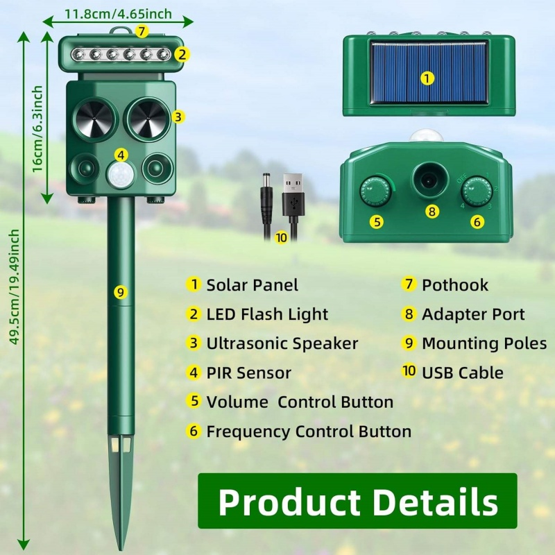 Solar Ultrasonic Deer Deterrent Motion Detection LED Strobe Light Control Outdoor Dog Yard Pest Control Animal Repellent Traps