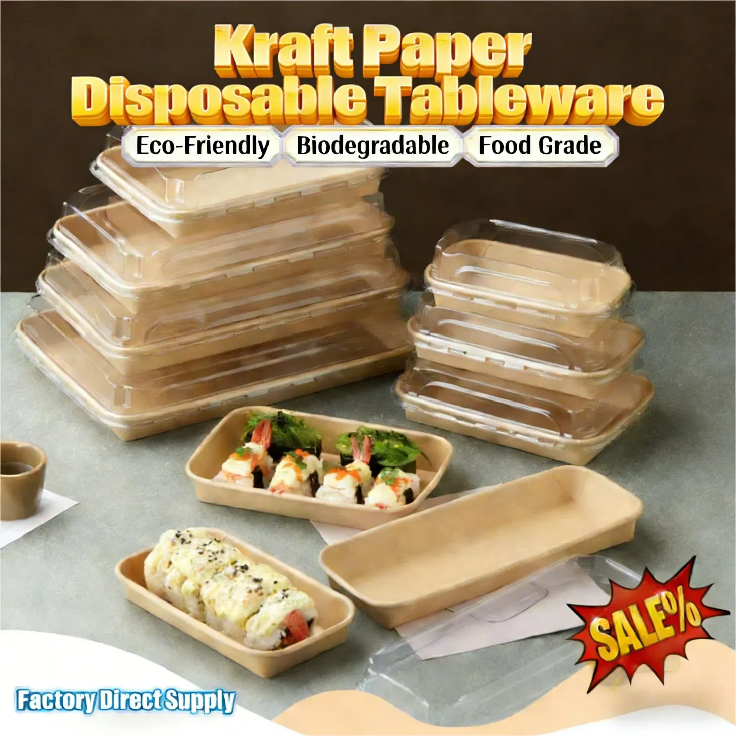 Eco-Friendly Custom Sushi Packaging Kraft Paper Box Disposable Food Box Lunchbox Lunch Box Sushi Packaging Houseware Kitchenware Sushi Packaging