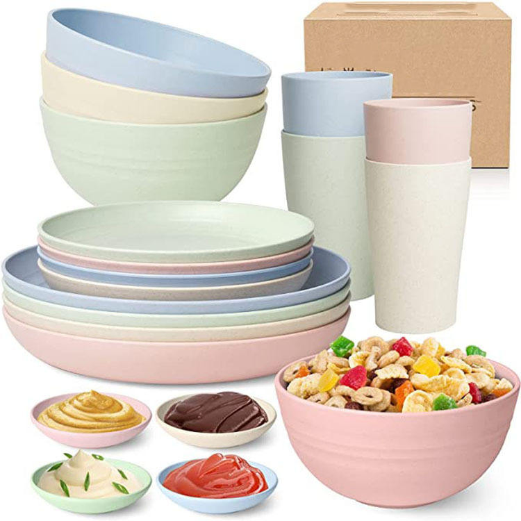 Top Seller 20/25cm Plate Bowl Eco-Friendly Wheat Straw Fiber Cutlery Dinner Set Plate Rice Soup Bowl Food Serving Round Plate 12 PCS