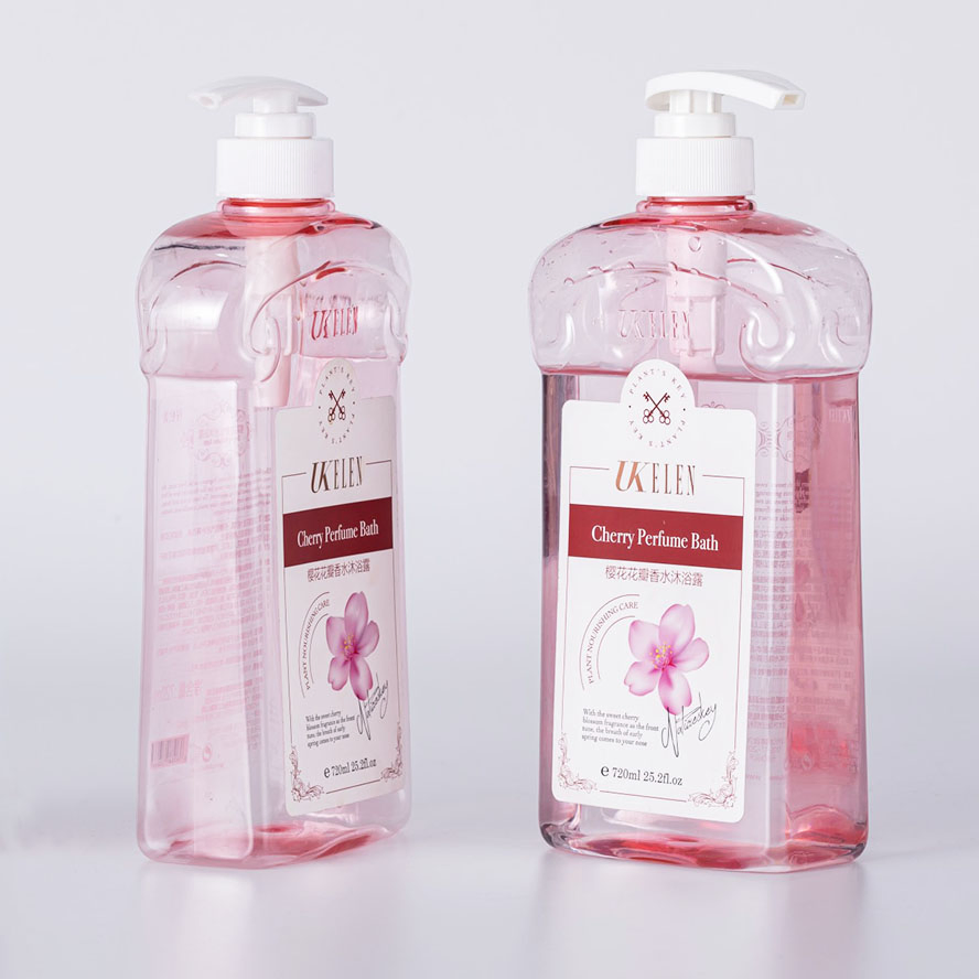 Empty Transparent Pink Color Square Flat 400ml 720ml Delicate Aromatic Shower Gel Bottle with White Pump