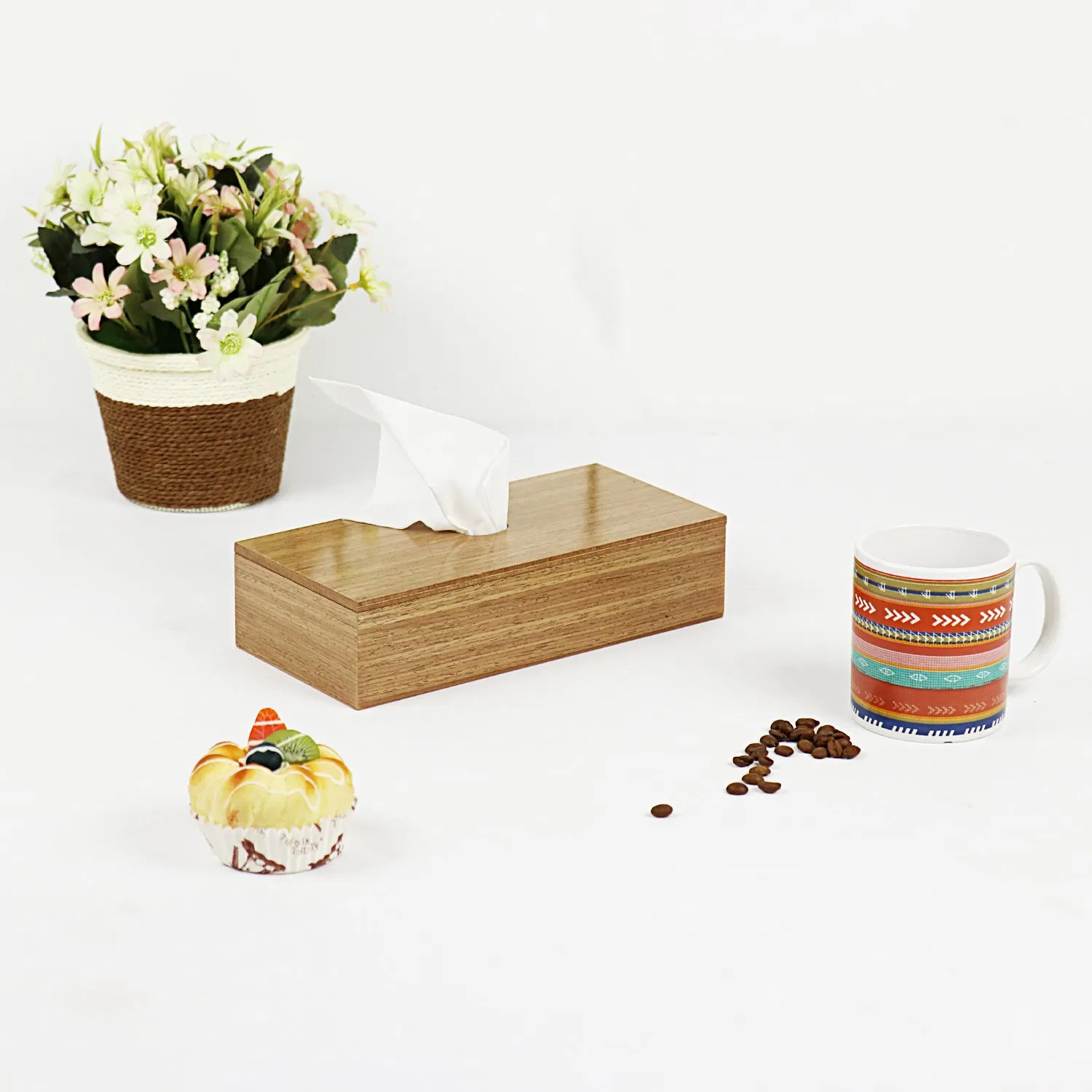 Square Wooden Handicraft Tissue Box Holder Sliding Cover Wood Tissue Boxes for Bathroom Office Desk