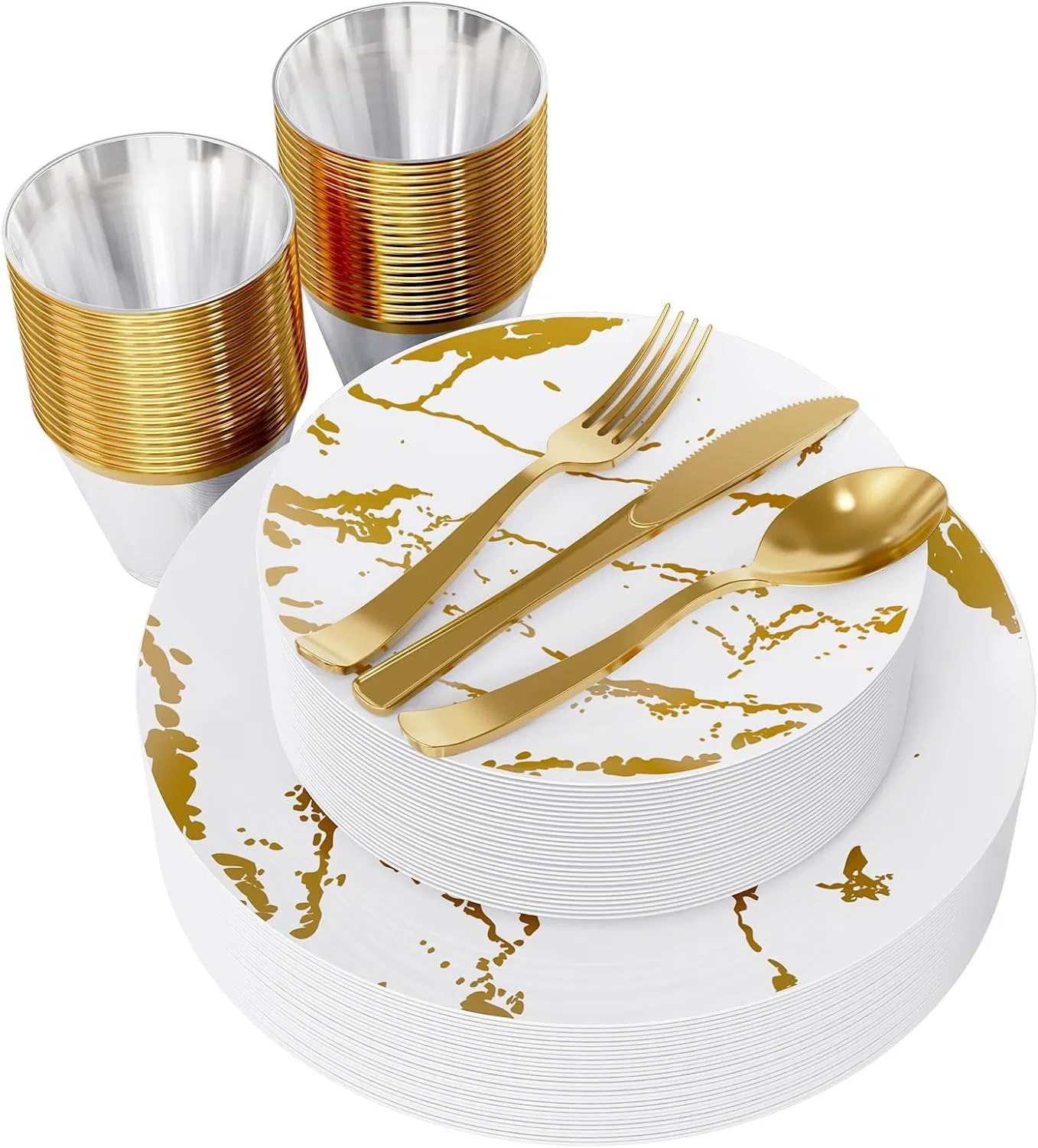 White and Gold Plastic Plates Plastic Silverware Marble Design Disposable Dinnerware for Wedding and Parties