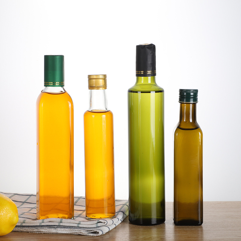 Glass Olive Oil Dispenser Empty Round Clear Oil and Vinegar Cruet Bottle with Pourers Seal Caps for Kitchen