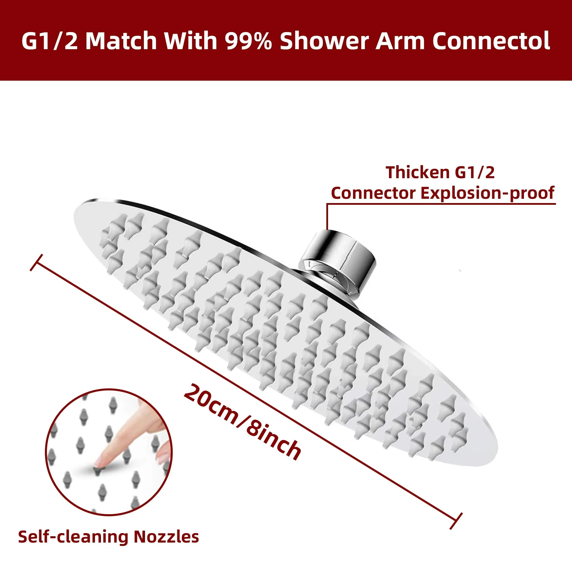 8-Inch Rain High Pressure 304 Stainless Steel Luxury Waterfall Shower Head Massage Wall Mount