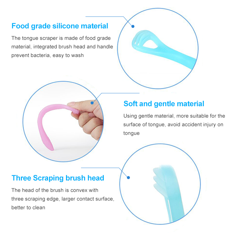 Food Grade Soft Rubber Tongue Scraper Brush Cleaner with Foldable Gentle Handle