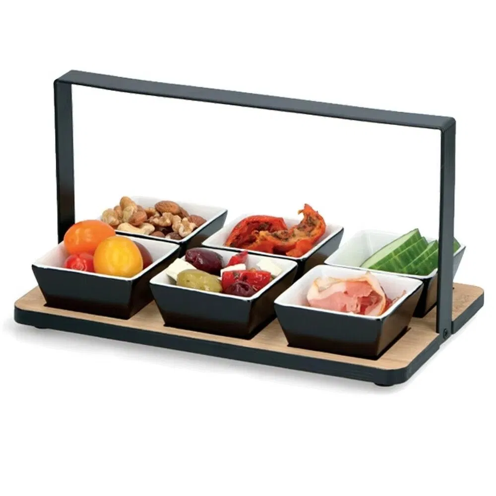 7 PCS Wooden Appetizer Serving Snacks Dips Platter Tray Set with Metal Holder Kids Olives, Nuts Dips, Snacks Serving Tray