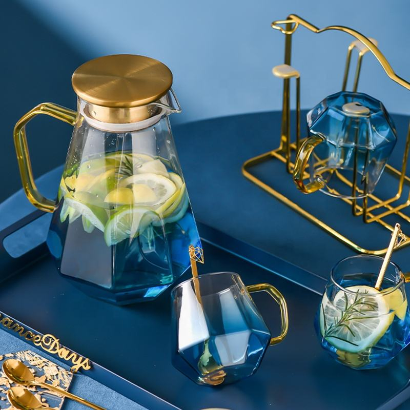 Luxury Blue Glass Water Kettle Set with Diamond Bottom and Golden Handle