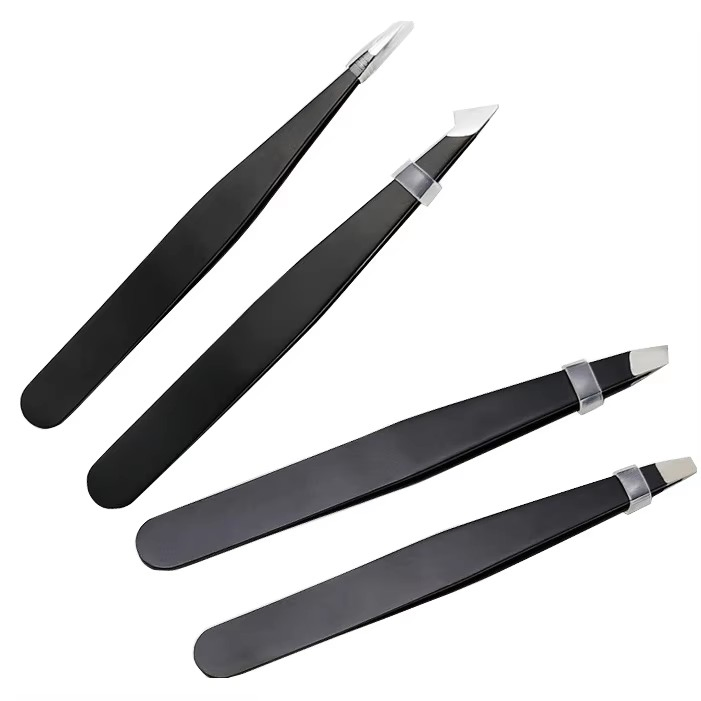Custom Private Label Eyebrow Tweezers Stainless Steel Lash Tweezers Black Grip Eye Brow False Eyelash Tweezers Set