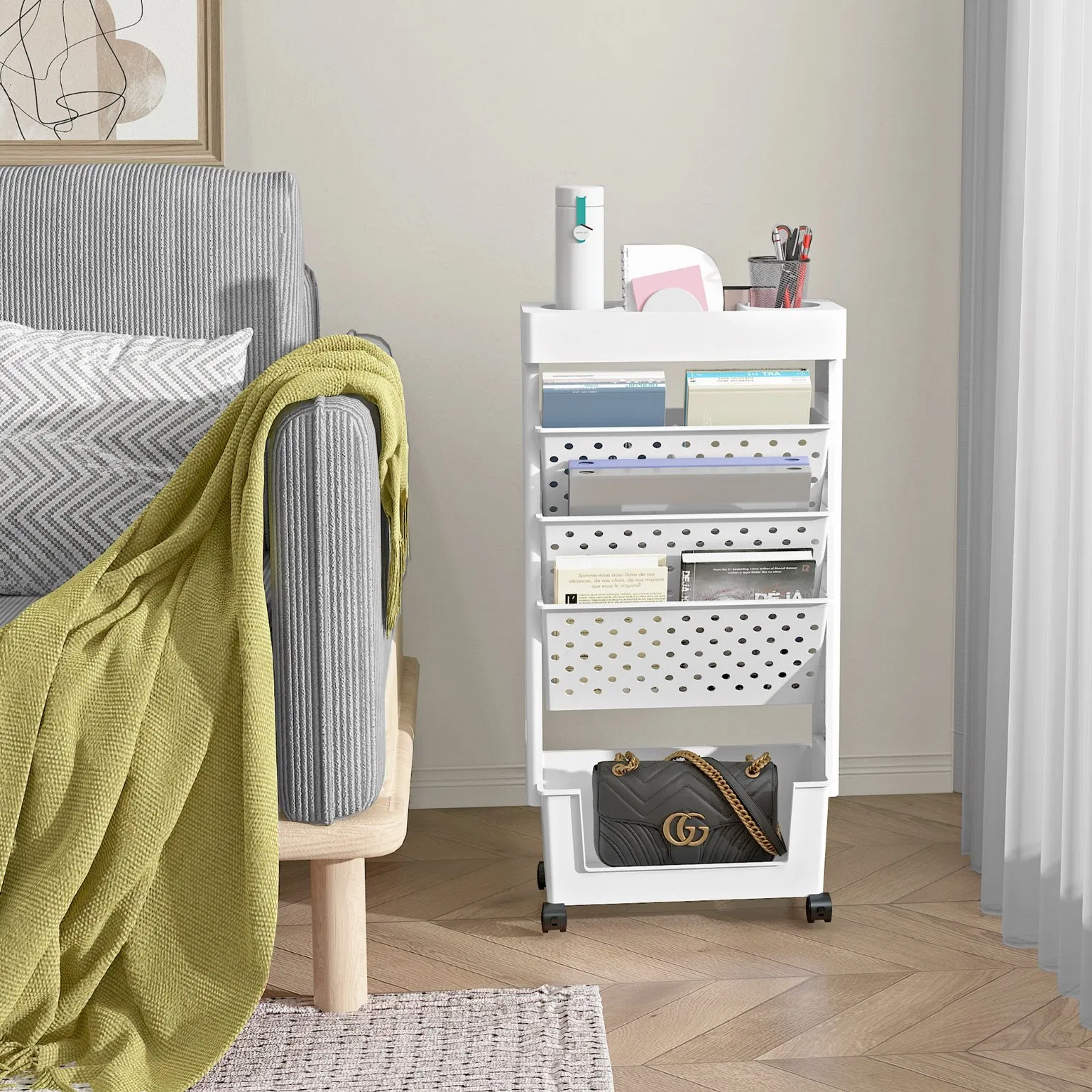 Пластиковая передвижная книжная полка на колесах