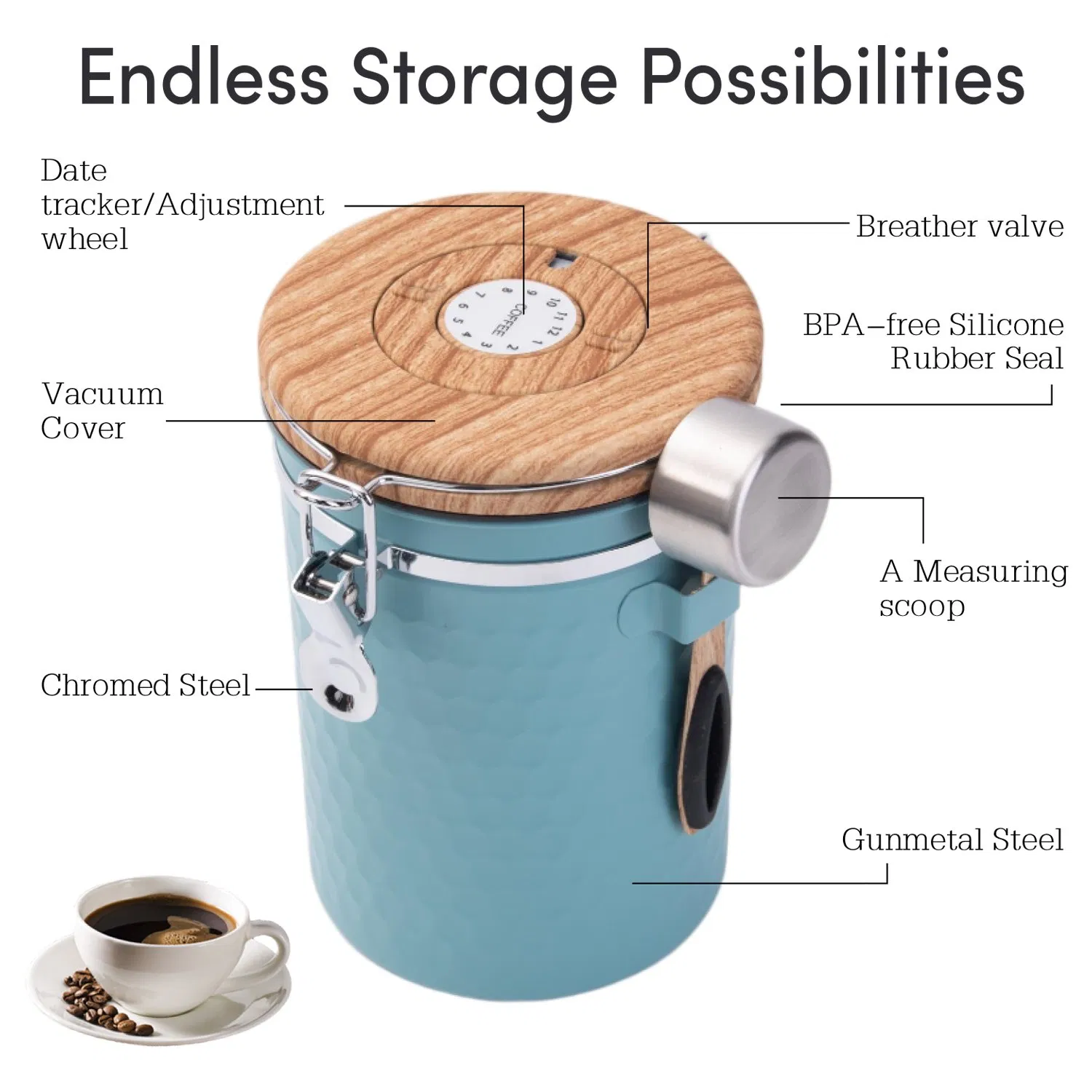 Vacuum Seal BPA Free Silicone 304 Stainless Steel Coffee Airtight Canister for Home Coffee Beans Tea Storage Blue