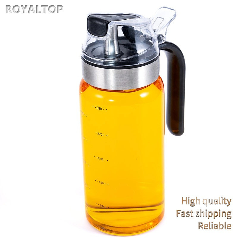 Kitchen Clear 12oz Borosilicate Glass Cooking Oil Bottle Jar Auto Flip Top Vinegar and Olive Oil Dispenser with Black Handle