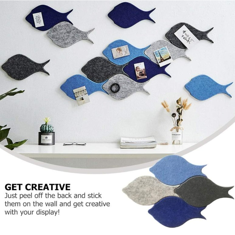 Felt Board Tiles Fish Shaped Push Pin Board Self Adhesive Wall Bulletin Boards for Notes Pictures Photos Memo Office Home Decor