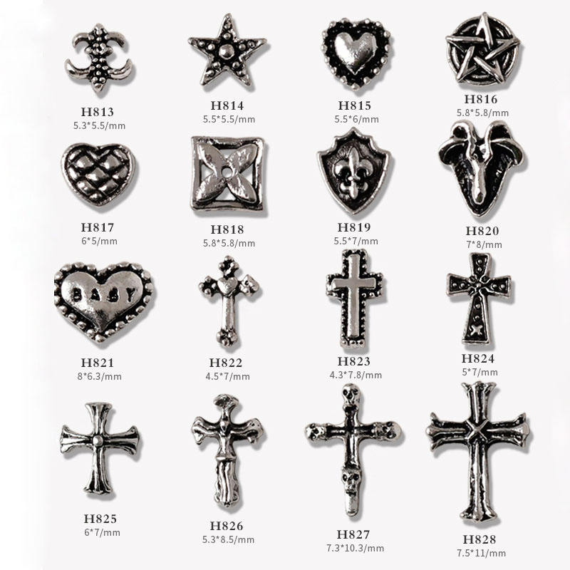 Metal Alloy Vintage Silver Cool Punk Chrome 3D Cross Nail Art Set
